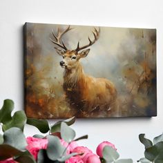 a painting of a deer with antlers on it's head and flowers in the foreground