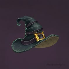 a wizard's hat hanging from the side of a shoe in front of a purple background