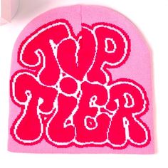 Hot Pink “Top Tier” Winter Hat Trendy Letter Print Beanie, Trendy Letter Print Beanie Hat, Trendy Adjustable Pink Beanie, Trendy Pink Beanie, Trendy Spring Beanie One Size, Trendy Spring Beanie, Trendy Beanie For Spring, Trendy Pink Beanie For Spring, Casual Pink Beanie For Spring