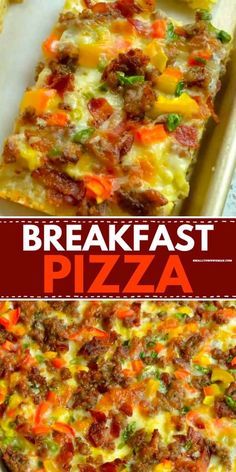 this breakfast pizza is loaded with sausage, cheese and veggies it's ready to be eaten