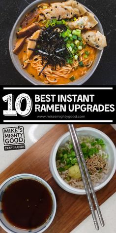 Graphic of 10 Best Instant Ramen Upgrades using Mike's Mighty Good ramen. Ramen Hacks Instant, Ramen Noodle Recipes Soup, Korean Instant Noodles, Ramen Dinner, Ramen Toppings, Ramen Recipes Easy