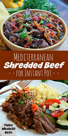 mediterranean shredded beef for instant pot roast with vegetables and rice in a bowl on a white plate