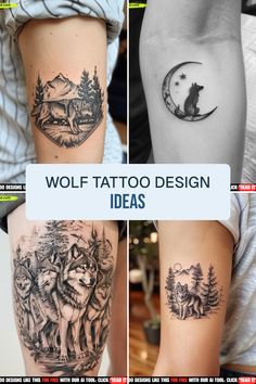 three different tattoos with wolf and moon designs on their legs, one in black and white