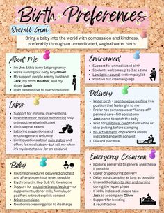 a cork board with words and pictures on it that say, birth preferences general guide