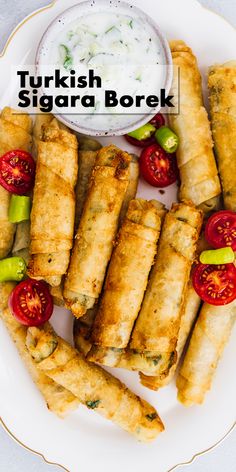 some food is on a white plate with a small bowl and sauce in the middle