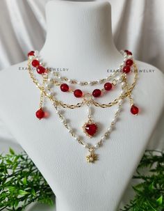 "Romantic Layered Beaded Fairycore Necklace is crafted with Red Czech beads, glass pearl beads and gold plated  brass chains and accents . It is 14\" and has an extansion chain. If you want to change the length,I can customize this product for you.  Please do not wear the necklace while sleeping, showering or doing sports. I advise you to try to keep it away from water, chemicals and perfumes. If you have any request please do not hesitate to ask. Thanks for stop by For more visit my shop: ExangelsJewelry.etsy.com" Cheap Romantic Heart Beads Necklace, Fairycore Beaded Pearl Jewelry, Fairycore Pearl Beaded Jewelry, Handmade Princesscore Necklace For Gift, Princesscore Handmade Necklace For Gift, Fairycore Necklace, Beaded Pearl Necklace, Handmade Greeting Card Designs, Handmade Jewelry Necklaces