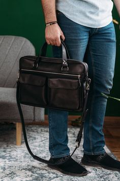 Carry your essentials in style with this handcrafted leather briefcase, designed to hold your laptop and other business essentials. Made from high-quality leather, this bag is durable and stylish, perfect for the modern professional. You can look how we did this laptop bag - click here https://www.youtube.com/watch?v=7y_Afcu2VEA&t=5s Features: Handcrafted from genuine leather for durability and longevity Designed to hold laptops up to 15 inches Spacious main compartment with multiple pockets for Luxury Leather Laptop Bag For Men, Leather Laptop Bag For Men, Black Leather Laptop Bag With Luggage Sleeve, Luxury Leather-lined Shoulder Laptop Bag, Luxury Elegant Men's Laptop Bag, Luxury Men's Satchel With Laptop Compartment, On-the-go Leather Briefcase With Laptop Sleeve, Leather Computer Bag, Leather Makeup Bag