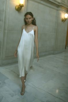 KAMPERETT SADE SILK SLIP DRESS | IVORY Slip Dress With Loafers, Slip Dress Aesthetic, Silk Spaghetti Strap Dress, Silk Dresses Outfit, Slip Wedding Dress, Slip Dress Outfit, Minimal Dress, White Slip Dress, Minimal Classic