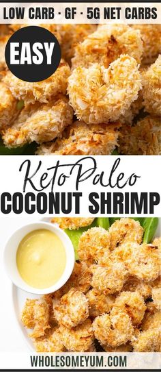 keto paleo coconut shrimp is shown in two different pictures with the words easy and low carb gf - 6 net cards