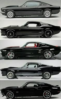 four different types of muscle cars in black and white