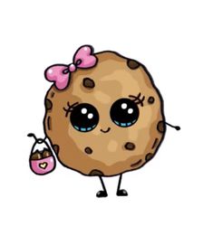 a cartoon cookie with a pink bow holding a chocolate chip in her hand and looking at the camera