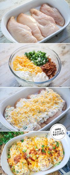 three different types of food in pans with the words easy chicken casserole