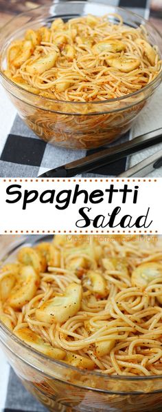 two bowls filled with spaghetti sitting on top of a checkered table cloth