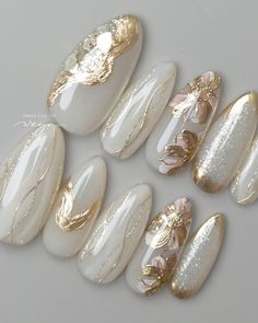 Gold And White Bridal Nails, Beige And Gold Nails Classy, Jelly Nude Nail Design, Bridal Nails With Initials, White With Gold Accent Nails, White Gold Silver Nails, Gold Flowers Nails, Nail Flakes Design, Chinese Nail Art Design