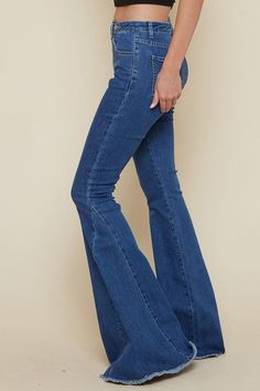 Dark Wash Flared Jeans With Frayed Hem, Medium Wash Flare Bottoms With Frayed Hem, Denim Blue Flare Jeans With Frayed Hem, Trendy Mid-rise Medium Wash Flares, Trendy High Rise Medium Wash Flares, Trendy Medium Wash Flared Flares, Trendy Medium Wash Flares With Frayed Hem, Denim Blue Flare Pants With Frayed Hem, Trendy High-rise Denim Flares