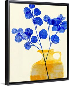 a painting with blue flowers in a yellow vase