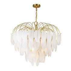 a chandelier with white feathers hanging from it's golden metal frame and chain