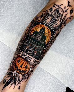 Halloween Tattoo Sleeves, Halloween Theme Tattoo, Angelo Parente Tattoos, Halloween Tattoos For Women, Halloween Tattoo Sleeve, Horror Themed Tattoos, Halloween Inspired Tattoos, Tattoos Spooky, Ghost Tattoo Ideas