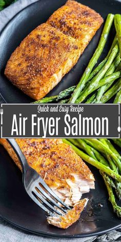 salmon and asparagus on a black plate with the words air fryer salmon