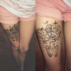 two women with tattoos on their legs, one has a clock and the other has roses