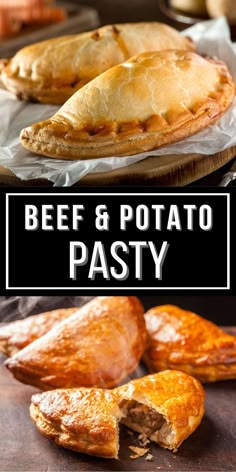 beef and potato pasty with text overlay