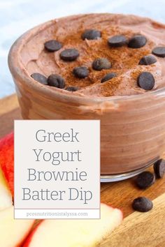 greek yogurt brownie batter dip with chocolate chips on top