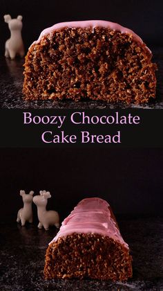 a piece of boozy chocolate cake with pink frosting