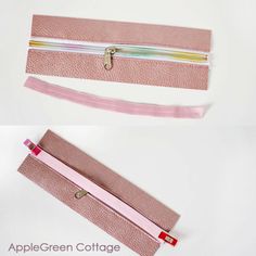 three different types of zippers on top of each other, one pink and one green