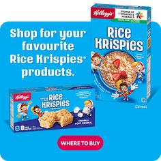 two boxes of rice krispies are on the blue background and there is an advertisement for rice krispies