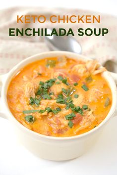 a bowl of chicken enchilada soup with a spoon