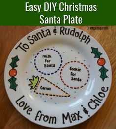 a white plate with the words easy diy christmas santa plate on it