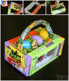 an easter basket with eggs and candy in it