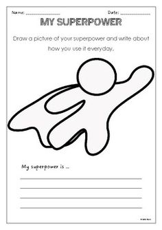 a coloring page with an image of a person in the shape of a man and text that reads, my super power