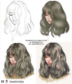 three different views of a woman's head with long, wavy hair and bangs