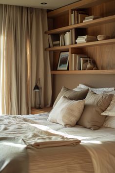 Cozy bedroom with a neatly made bed, beige pillows, and bookshelves on the wall. Natural light streams through beige curtains. Bookcase Above Bed, Shelving Ideas Above Bed, Storage Above Bed, Bedroom Shelving Ideas Above Bed, Bed Wall Shelf, Floating Shelves Over Bed, Ideas Above Bed, Bedroom Shelving Ideas, Bedroom Shelving