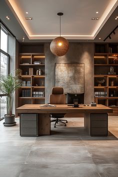 an office with a large wooden desk in the center