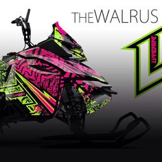 a pink and black snowmobile with neon green graphics