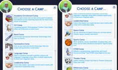 two screens showing the different types of camp items and how to choose one for them