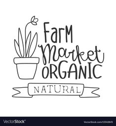 farm market organic sign with potted plant in hand lettering style on white background stock photo