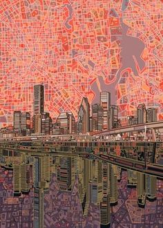 an image of a city map that looks like it has been altered to look like a painting