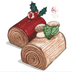 a drawing of a log with christmas decorations on it