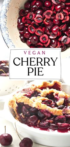 a bowl filled with cherries next to a pie