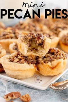 mini pecan pies on a plate with the title overlaying it's image