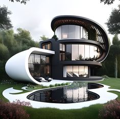 an artistic rendering of a modern house in the middle of some trees and grass with water running through it