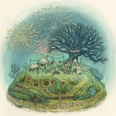 a drawing of a tree on top of a hill with fireworks in the sky above it