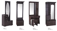 four different types of dressing tables with drawers and mirrors on each side, all in dark wood