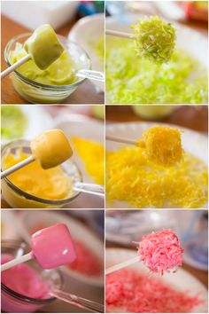 the process of making colorful jello is shown here