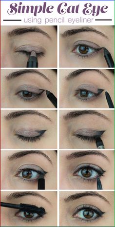 This is my favorite, simple cat eye look using pencil eyeliner. In this tutorial, I'll be walking you through each step. Just follow along with my photos and step by step instructions. Simple Cat Eye, Cat Eye Tutorial, Cat Eye Makeup Tutorial, Green Eyeliner, Makeup Tutorial Foundation, Fixing Spray, Makeup Tutorial Step By Step