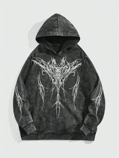 Men's Fashionable Washed Gothic Print Hoodie, School Black Casual  Long Sleeve Knitted Fabric Graphic  Slight Stretch Fall/Winter Men Clothing, size features are:Bust: ,Length: ,Sleeve Length: Designer Hoodies For Men, Dark Clothes Men, Dark Streetwear, Gothic Hoodies, Washed Hoodie, White Hoodie Men, Fuzzy Hoodie, Baggy Hoodie, Diy Clothes Design