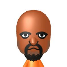 an animated image of a bald man with black hair and beard, wearing orange shirt